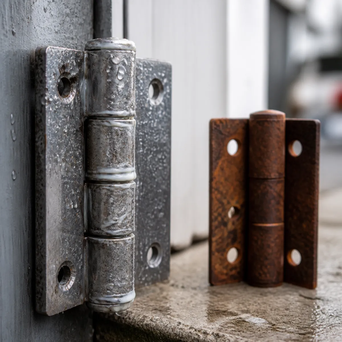 White grease film protecting a metal hinge from rust and water