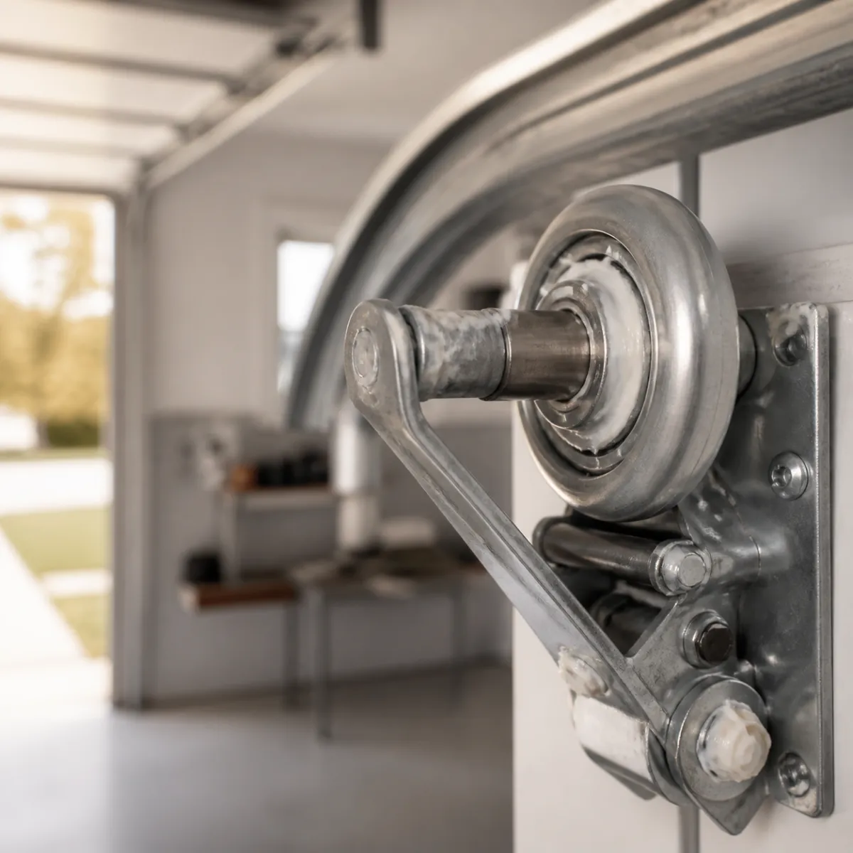 Garage door roller and hinge points greased with white lithium grease