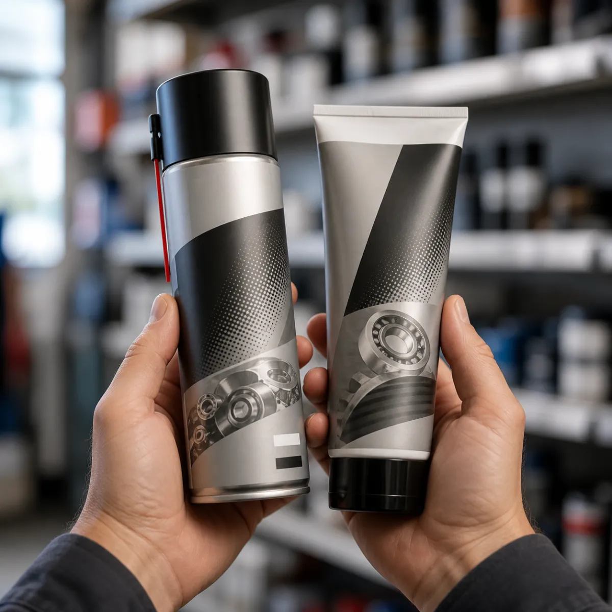 Comparing a white lithium grease spray can and a white lithium grease tube