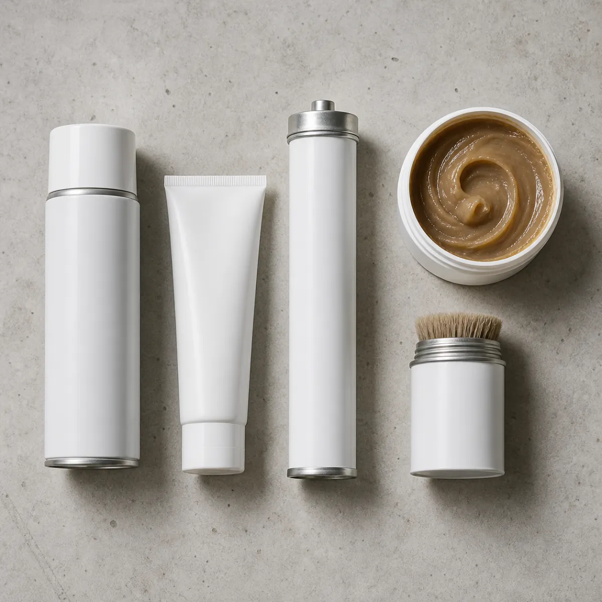 Five white lithium grease formats: aerosol, tube, cartridge, tub and brush-top