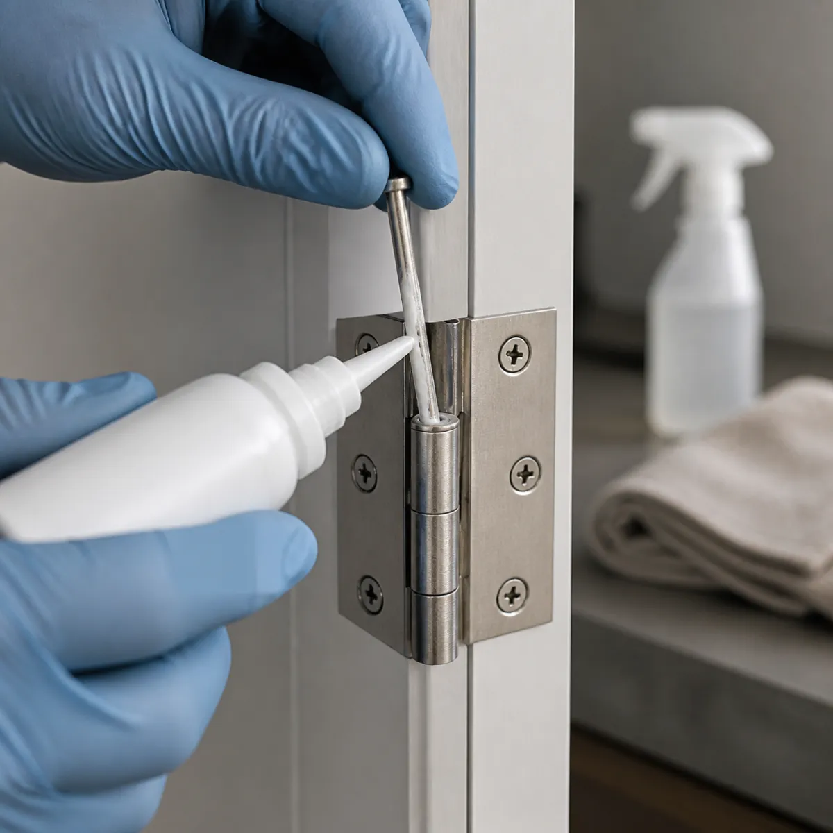 Applying a thin bead of white lithium grease to a door hinge pin