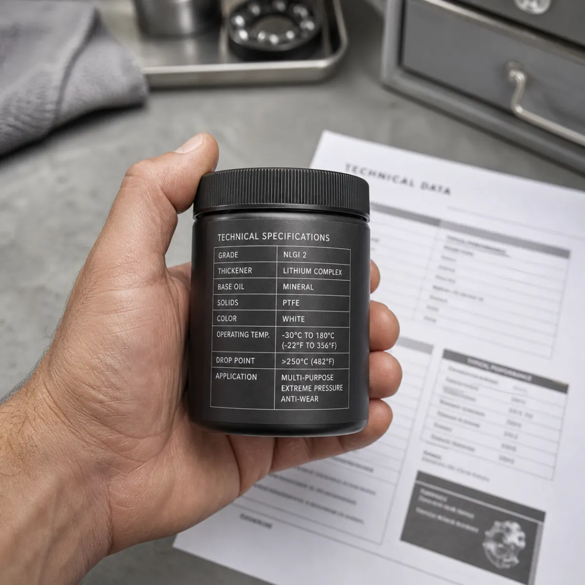 Reading the NLGI grade and temperature range on a grease product label