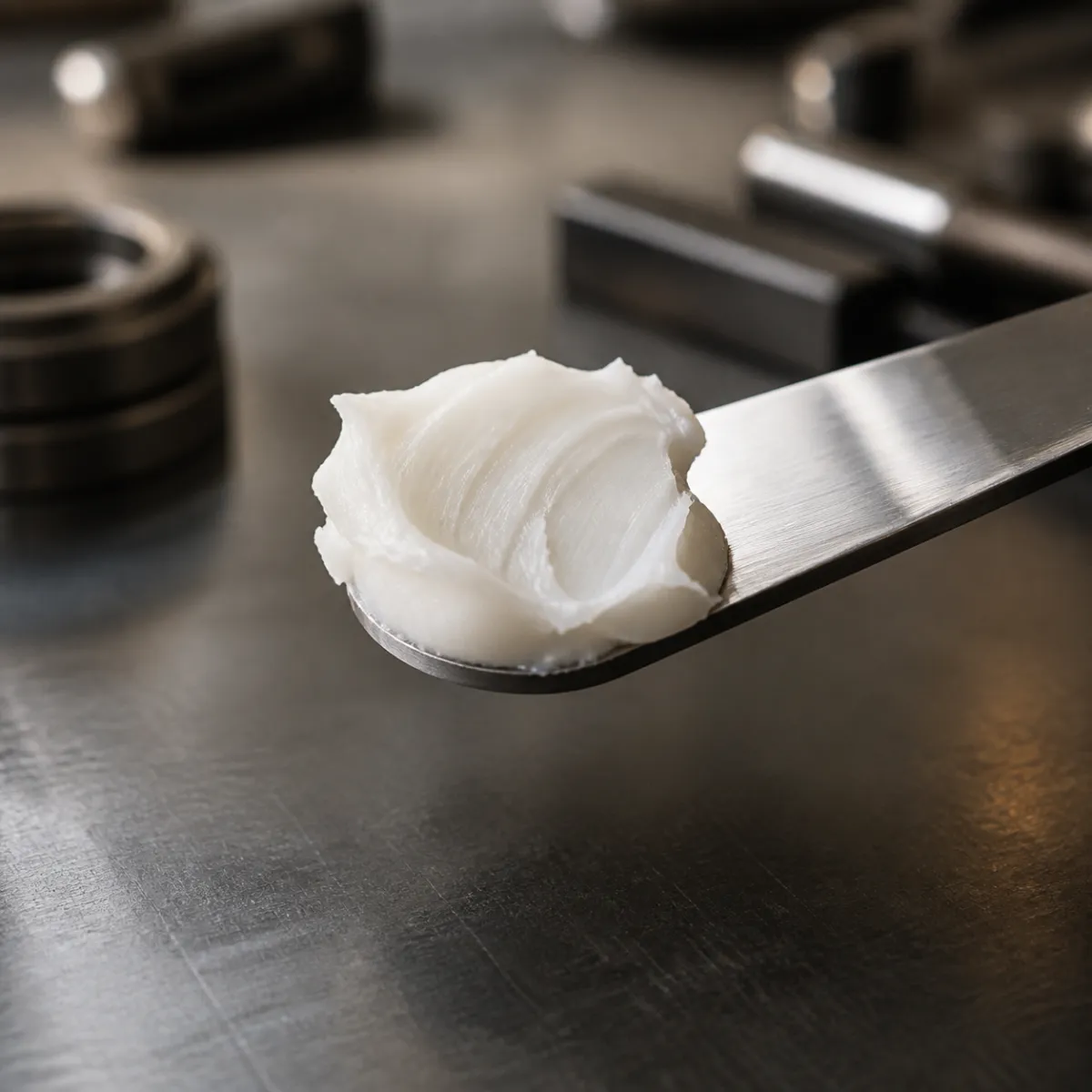 Close-up of thick white lithium soap grease on a metal spatula